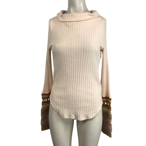FREE PEOPLE- WOMEN'S MEDIUM - PEACH THERMAL ARM CUFF PULL-OVER SWEATER SHIRT - Picture 1 of 10